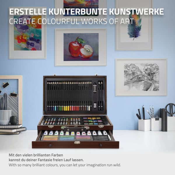 ECD Germany Zeichenset Malset 112 teilig, zum Zeichnen und Malen, Malkoffer aus Holz, für Kinder/Erwachsene, Buntstifte, Öl- und Acrylfarben, Malkreiden, Wasserfarben, Künstlerset Künstler Zubehör Set