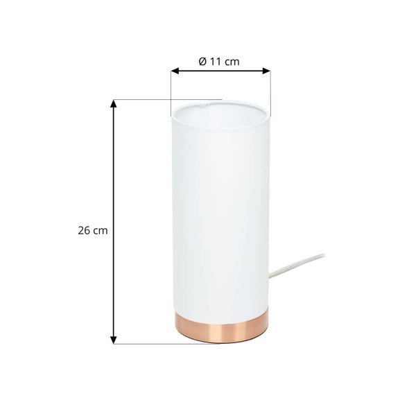 Zylindrische Tischleuchte mit weißem Schirm und kupferfarbenem Fuß, Höhe 26 Zentimeter, Durchmesser 11 Zentimeter.