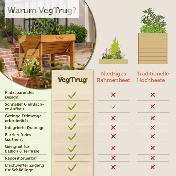 Vorteilsvergleich zwischen VegTrug, niedrigen Rahmenbeeten und traditionellen Hochbeeten für platzsparendes, barrierefreies Gärtnern.