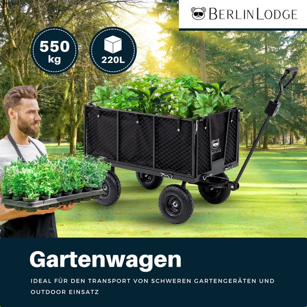 Berlin Lodge Gartenwagen im Einsatz, 550 Kilogramm Tragkraft, 220 Liter Volumen, schwarzes Metallgitter mit Plane und vier Luftreifen.