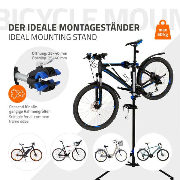 ECD Germany Fahrradmontageständer E-Bike Reparaturständer 360° drehbar/höhenverstellbar 105-185cm, Fahrradständer robust für alle Fahrradarten bis 50kg, Stativfuß 4-beinig, Magnetischer Werkzeugablage