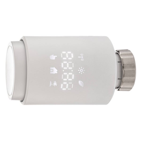 Elektronisches Heizkörperthermostat mit digitaler Temperaturanzeige und Funktionssymbolen für Frostschutz, Sparmodus und Funkverbindung.
