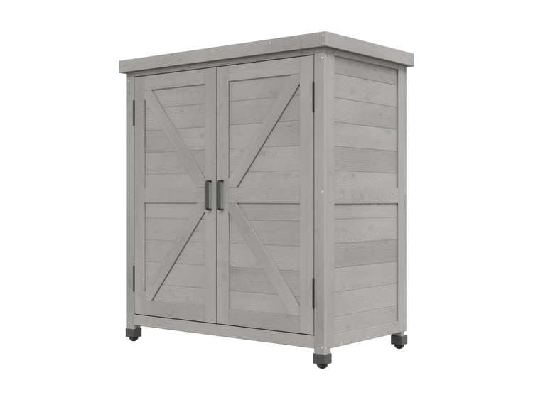 Gartenschrank aus Holz mit Doppeltüren, Flachdach und Griffen.