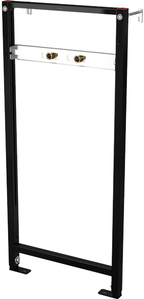 Vorwandelement für Waschtisch, schwarzer Metallrahmen mit Wasseranschlüssen auf silberner Traverse.