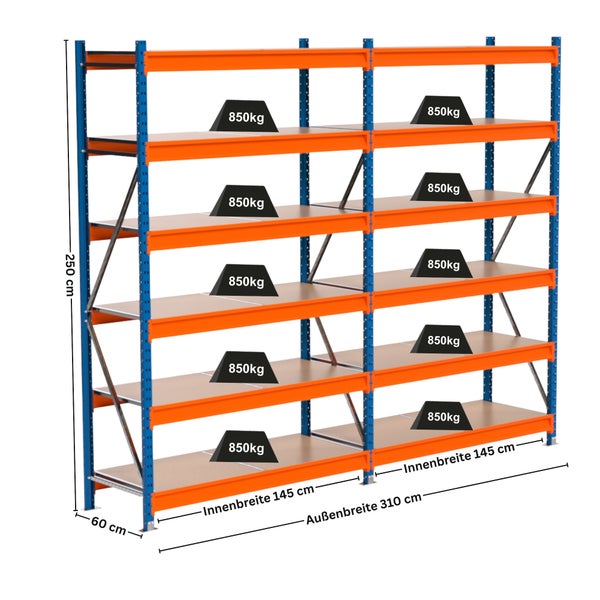Lagerregal mit mehreren Ebenen und Gewichtsangaben