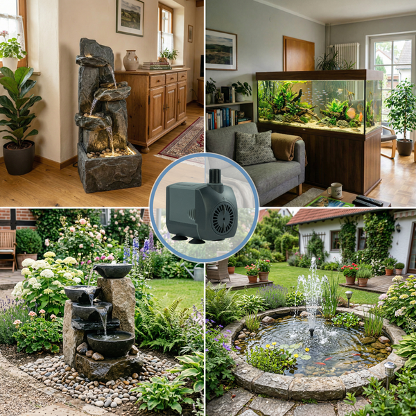 Tauchpumpe für Springbrunnen und Aquarien im Einsatz für Wasserspiele in Wohnraum und Garten