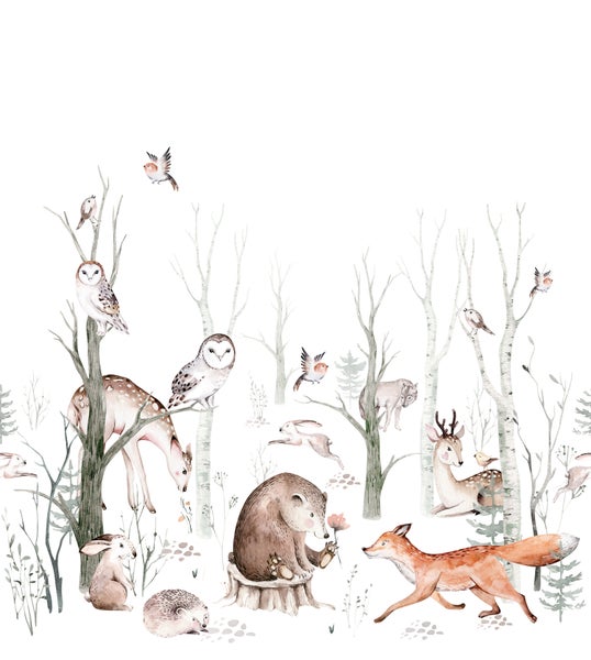 Illustration eines Waldes mit Tieren wie Bären, Hirschen, Füchsen, Hasen, Eulen, Igeln, Wölfen und Vögeln.