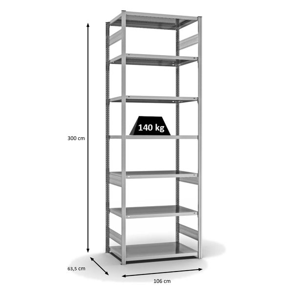 PROREGAL Fachbodenregal Stecksystem T-Profil Light-Duty Grundregal HxBxT 300 x 100 x 60 cm 7 Ebenen Fachlast 140 kg Beidseitig Nutzbar Verzinkt
