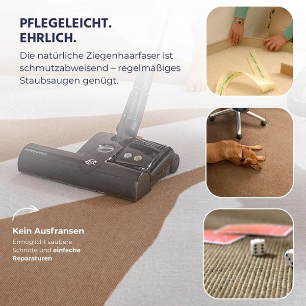 Collage eines Ziegenhaarteppichs: Staubsaugen der gestreiften Fläche, Kantenverlegung ohne Ausfransen, liegender Hund und Spielkarten auf der Struktur.