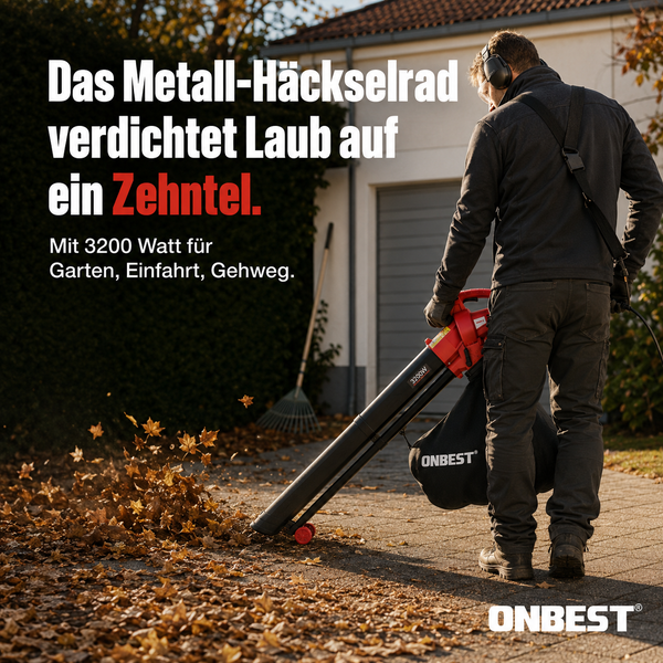 Onbest Elektro-Laubsauger mit 3200 Watt und Metall-Häckselrad im Einsatz auf einer gepflasterten Einfahrt beim Aufsaugen von Laub. Onbest Logo.