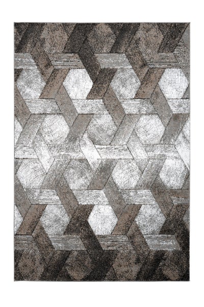Rechteckiger Teppich mit geometrischem Sechseck-Muster in Grau und Braun.