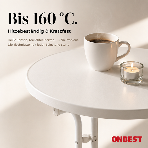 Weiße Tischplatte, hitzebeständig bis 160 Grad Celsius und kratzfest, mit einer Tasse Kaffee und einem Teelicht, ONBEST Logo.