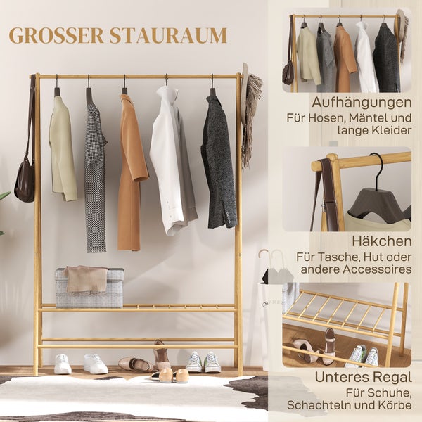 HOMCOM Kleiderständer Garderobenständer mit Ablagen, Haken, Kleiderstange, Garderobe aus Bambus für Schlafzimmer, Ausstellungen, Waschküche, Waschküche, Naturholz