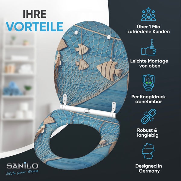 WC-Sitz mit maritimen Motiv, Fischernetz und Fischen, inklusive Sanilo Logo und grafischer Darstellung der Produktvorteile.