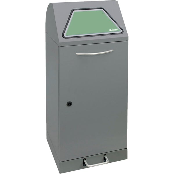Wertstoffsammler aus Metall in Grau mit grünem Einwurfschlitz, Türgriff, Fußpedal und Stumpf Logo.