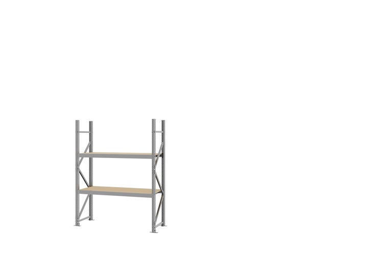 Weitspannregal mit zwei Holzböden und verzinktem Metallgestell für Keller, Werkstatt und Lager.
