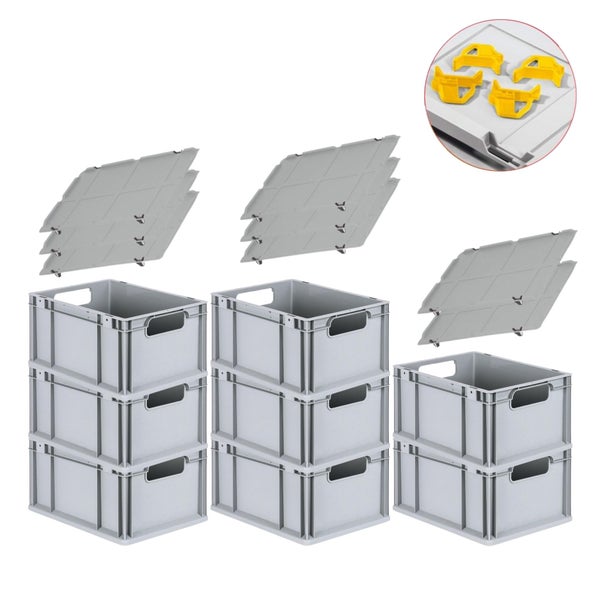 PROREGAL Spar Set 8x Eurobox Nextgen Economy Mit Auflagedeckel & 4x Schiebeschnappverschlüsse Gelb Griffe Offen HxBxT 22 x 30 x 40 cm 20 Liter