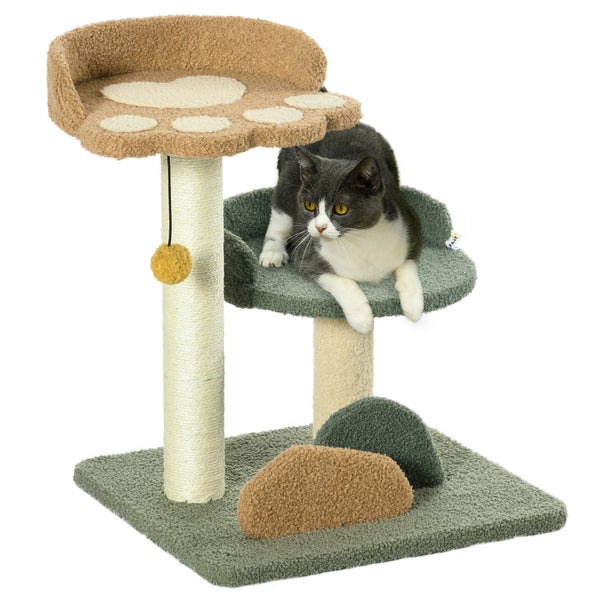 PawHut Katzenbaum klein, 52 cm Katzenkratzbaum Kletterbaum mit 2 Ebenen,  Kratzbaum mit Spielball, Katzenmöbel, kleiner Kratzbaum für Katzen unter 5 kg, Sisal