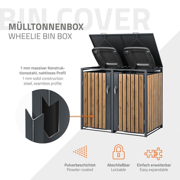 ML-Design Mülltonnenbox 4er 4 Tonnen 240L 264x80x116,3cm Anthrazit-Eichenoptik, Stahl, wetterfest/abschließbar Mülltonnenverkleidung Klappdeckel/4 Türen, Müllbox Mülltonnecontainer Mülltonnenabdeckung