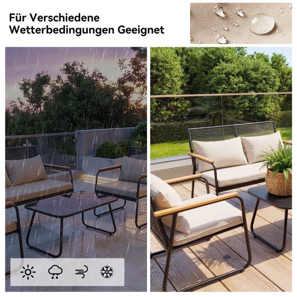 Wetterfestes Gartenmöbel-Set auf einer Terrasse bei Regen und Sonnenschein, wasserabweisendes Material mit Wassertropfen.
