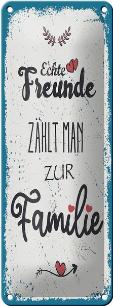 Blechschild Spruch Echte Freunde zählt man zur Familie 10x27cm