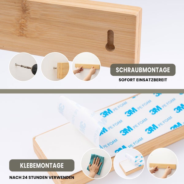 CHEFGASTRO Magnetleiste magnetische Messerleiste Messerhalter aus Bambus | HxBxT 6,2x40x2,1cm | Inkl. 3 silberne Haken | Bambus | extra stark magnetischer Messerstreifen zum Kleben oder Schrauben