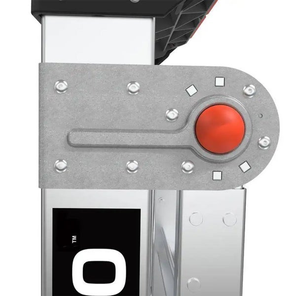 Gelenkmechanismus einer Aluminiumleiter mit Verriegelungshebel und integriertem Knopf zur Höheneinstellung.