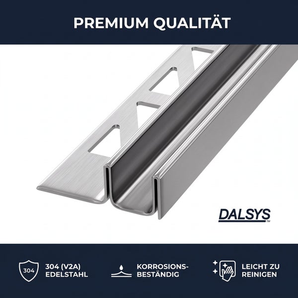 Premium Dalsys Fliesenprofil aus Edelstahl, korrosionsbeständig, leicht zu reinigen, Materialqualität 304, Dalsys Logo.