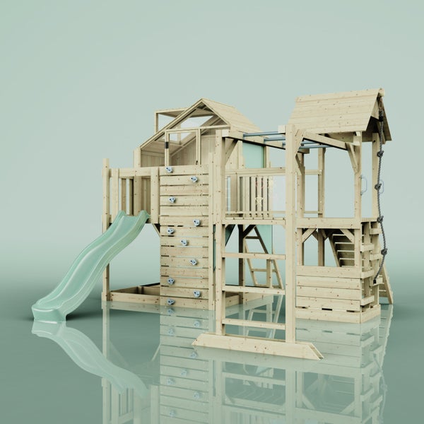 Holzspielhaus mit Rutsche, Kletterwand, Seil und Sprossenwand