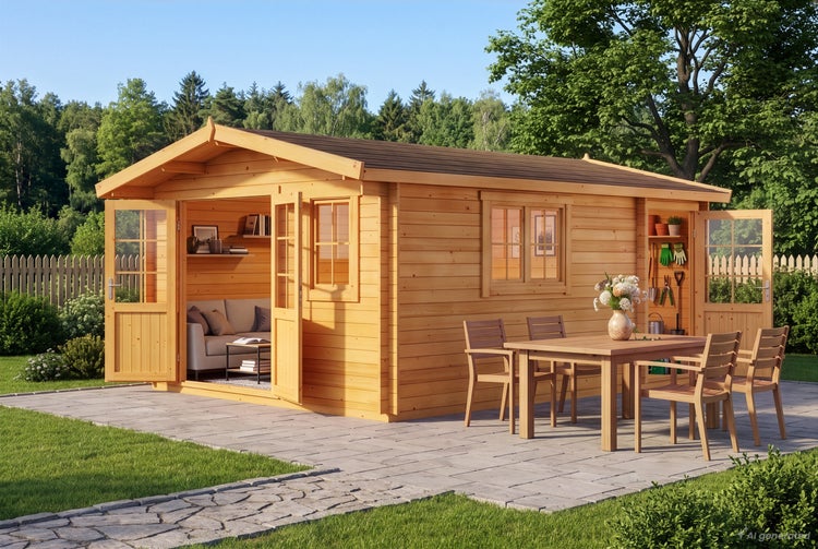 Holzgartenhaus mit Satteldach, Doppeltüren und Gartenmöbeln auf einer Terrasse in einem grünen Garten.