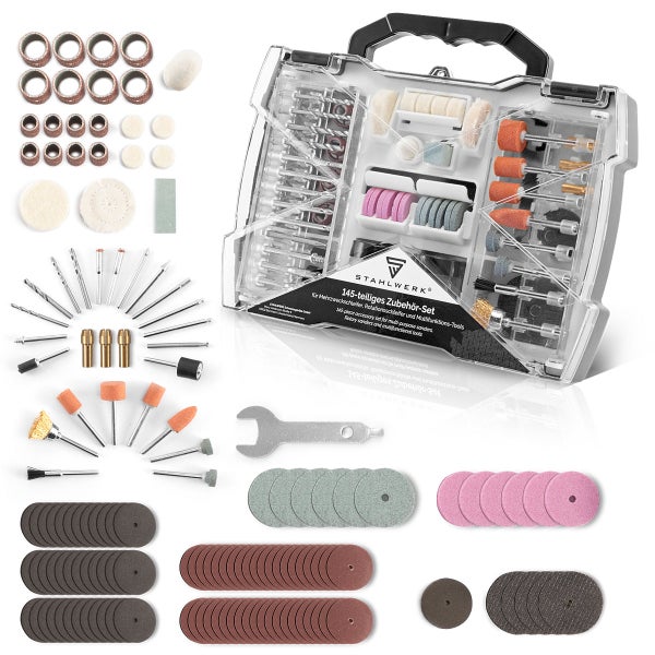 STAHLWERK 145-teiliges Zubehör-Set für Mehrzweckschleifer, Rotationsschleifer und Multifunktions-Tools in transparenter Aufbewahrungsbox mit Werkzeugen und Zubehör