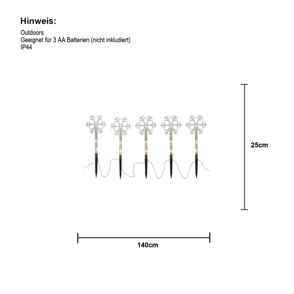 Schneeflocken Lichterkette für den Außenbereich mit einer Länge von 140 Zentimeter und einer Höhe von 25 Zentimeter