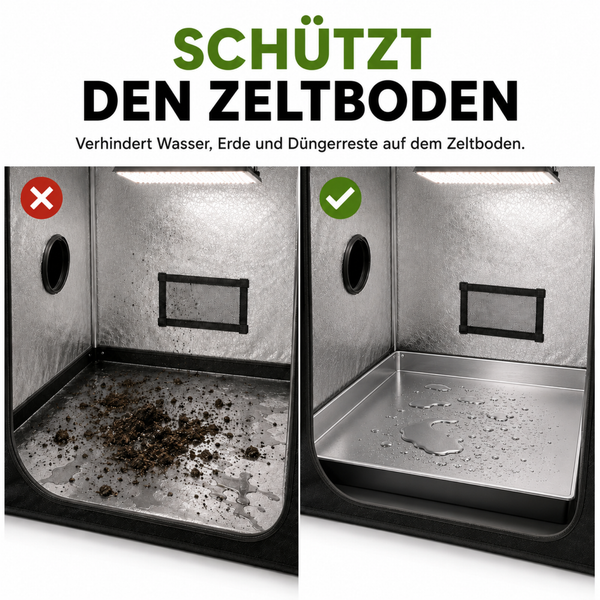 Vergleichsbild für eine Zeltbodeneinlage in einer Growbox zur Vermeidung von Verschmutzung durch Wasser und Erde.