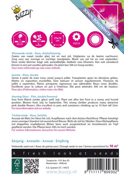 Informationen zur Trichterwinde Rose Gefüllte und Aussaatdetails auf der Verpackung.