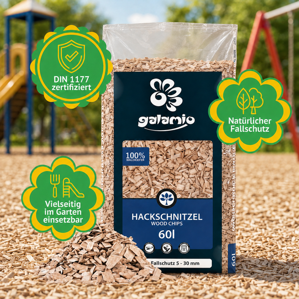 Galamio Hackschnitzel aus 100 Prozent Waldkiefer im 60 Liter Sack, DIN 1177 zertifizierter natürlicher Fallschutz für Garten und Spielplatz.