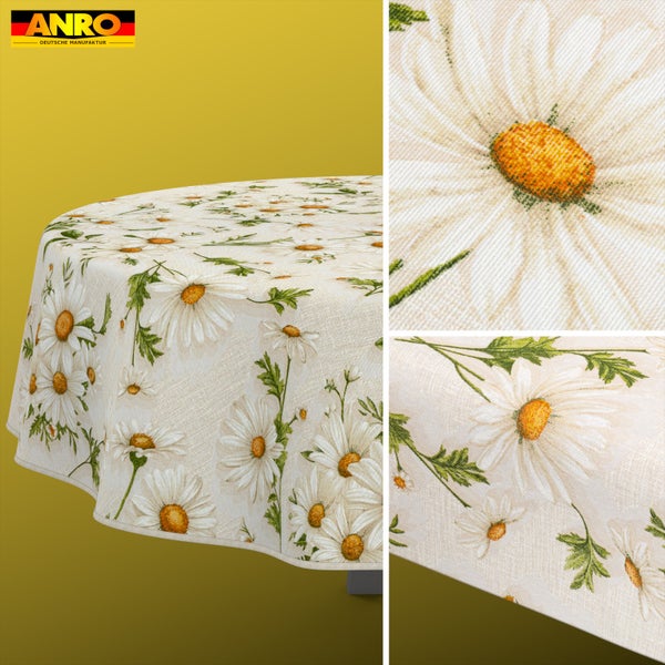 Runde Tischdecke mit Gänseblümchen-Muster, Detailansicht des Stoffs und ANRO Logo.