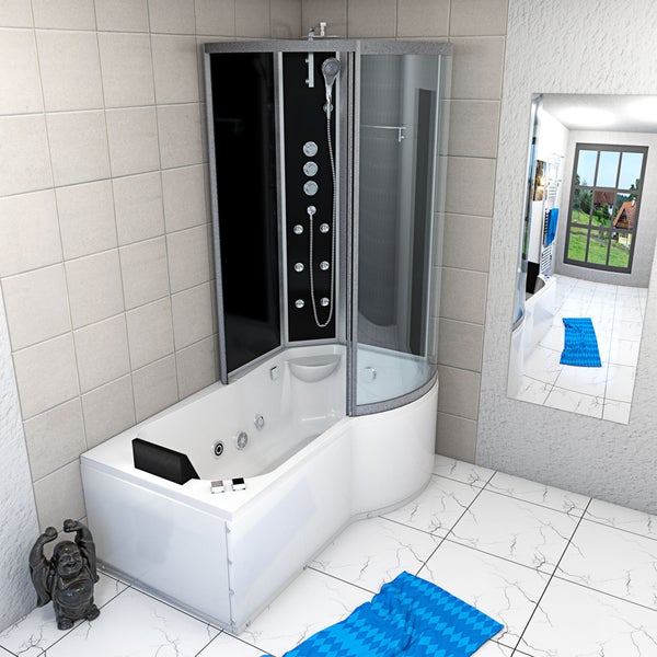 Eck-Dusch-Badewannen-Kombination mit integrierten Massagedüsen, Handbrause und gebogener Glas-Duschabtrennung in einem hellen Badezimmer.