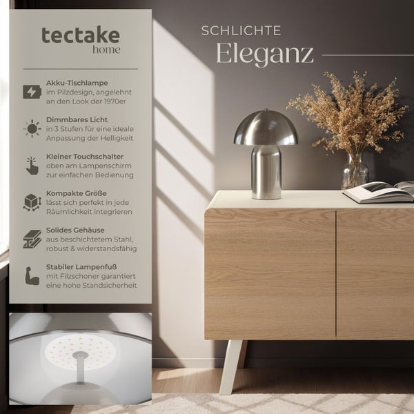Tectake Akku-Tischlampe im Pilzdesign auf einem Sideboard