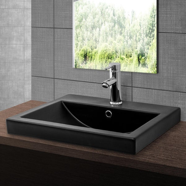 ML-Design Waschbecken aus Keramik in Schwarz matt 53,5x46x16,5 cm Eckig mit Ablaufgarnitur, Einbauwaschbecken mit Hahnloch und Überlauf, Aufsatzwaschbecken Einbauwaschtisch Waschschale Handwaschbecken