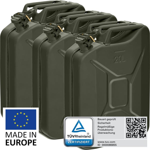 BW® Kraftstoffkanister Metall Benzinkanister 3x 20 Liter - Bronzegrün - RAL 6031-F9 - TÜV-geprüft und UN-Zulassung - Made in Europe