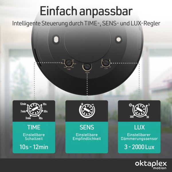 Oktaplex Bewegungsmelder mit einstellbarer Zeit, Empfindlichkeit und Dämmerungssensor