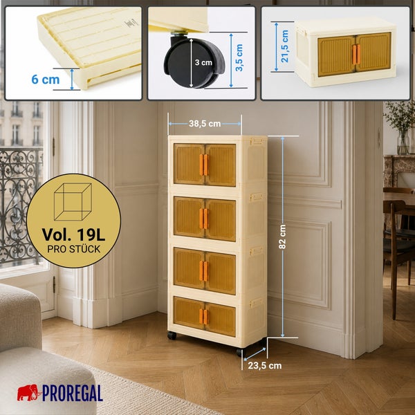 Mobiler Kunststoffschrank mit vier Fächern und Türen, Maße 82 mal 38,5 mal 23,5 Zentimeter, Volumen 19 Liter pro Box, Proregal Logo.