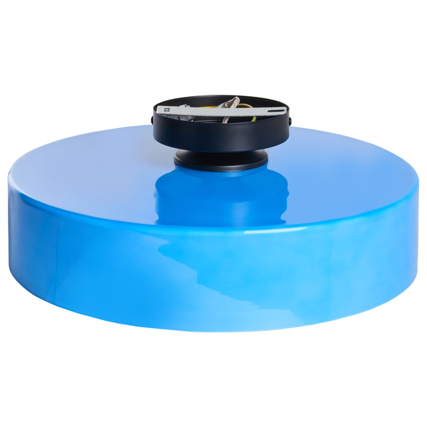 Blaue, glänzende Deckenleuchte in runder Form mit schwarzem Montagefuß.