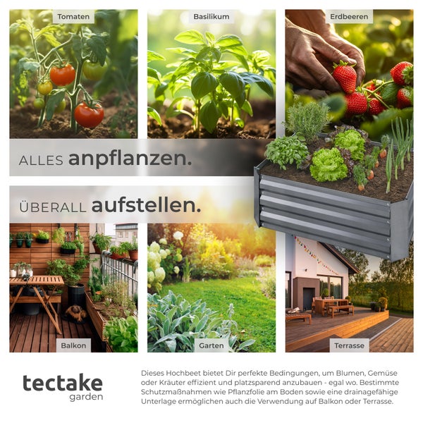 Hochbeet-Anwendungsbeispiele mit Tomaten, Basilikum, Erdbeeren, Balkon, Garten und Terrasse. Tectake Garten Logo.