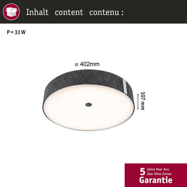 Runde LED-Deckenleuchte mit grauem Stoffschirm, 33 Watt, Durchmesser 402 Millimeter, Höhe 107 Millimeter, 5 Jahre Garantie.