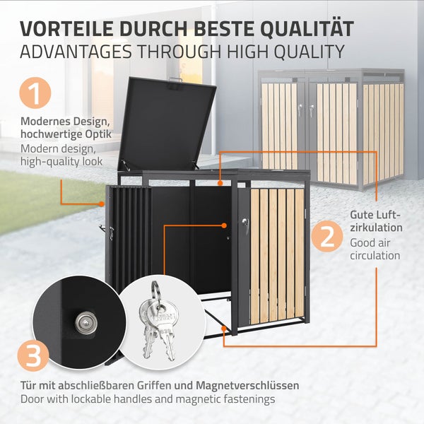 Mülltonnenbox aus Metall und Holz mit modernem Design, guter Luftzirkulation und abschließbarer Tür mit Magnetverschluss.