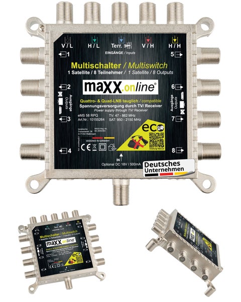 Multischalter 8 Teilnehmer & 1 Satellit, Quad- & Quattro LNB tauglich, kein Netzteil notwendig, DVB-S Multiswitch 5/8 mit eco Sparmodus