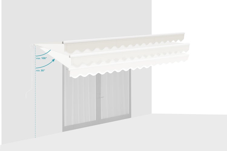 Ansicht einer Markise mit einem Neigungswinkel von maximal 100 Grad und minimal 30 Grad.