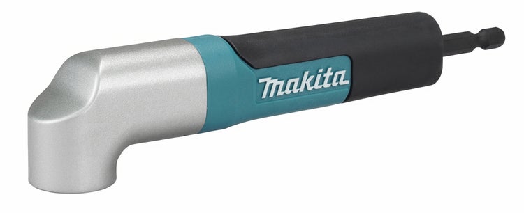 Makita 90 Grad Winkelvorsatz für Akkuschrauber mit Sechskantaufnahme aus Metall und Kunststoff, Makita Logo.