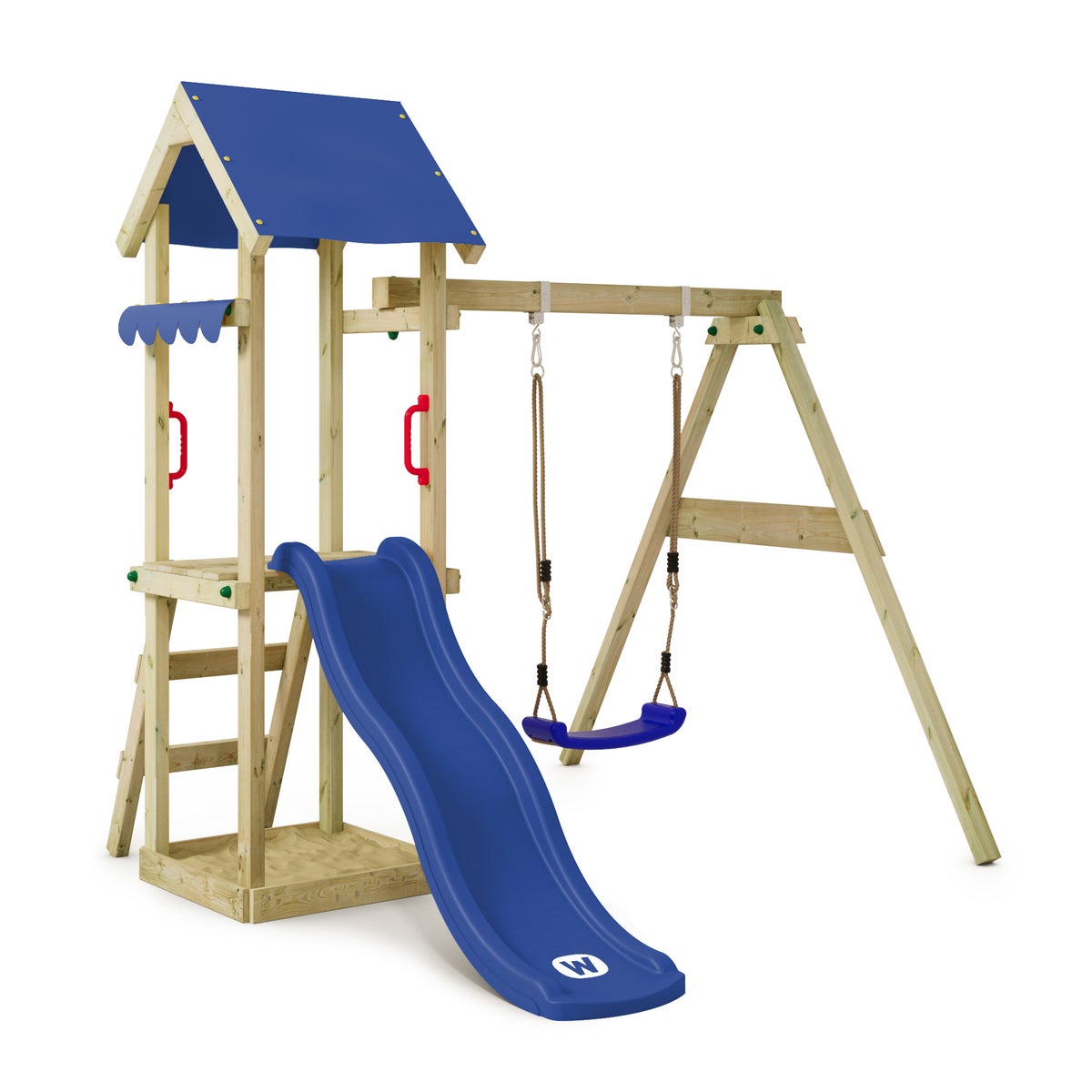 WICKEY Spielturm Klettergerüst TinyWave mit Schaukel und Rutsche, Kletterturm mit Sandkasten, Leiter und Spiel-Zubehör - blau